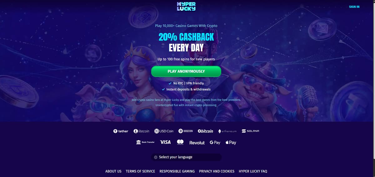 HyperLucky Startseite mit buntem Kryptodesign und Maskottchen-Figuren wie Krönungsträgerin und zwei Schweine im Showstil. Angebot: 20 % tägliches Cashback, bis zu 100 Freispiele für neue Spieler. Plattform wirbt mit anonymer Nutzung, sofortigen Ein- und Auszahlungen sowie Unterstützung für Bitcoin, Ethereum, Solana und weitere Kryptowährungen.