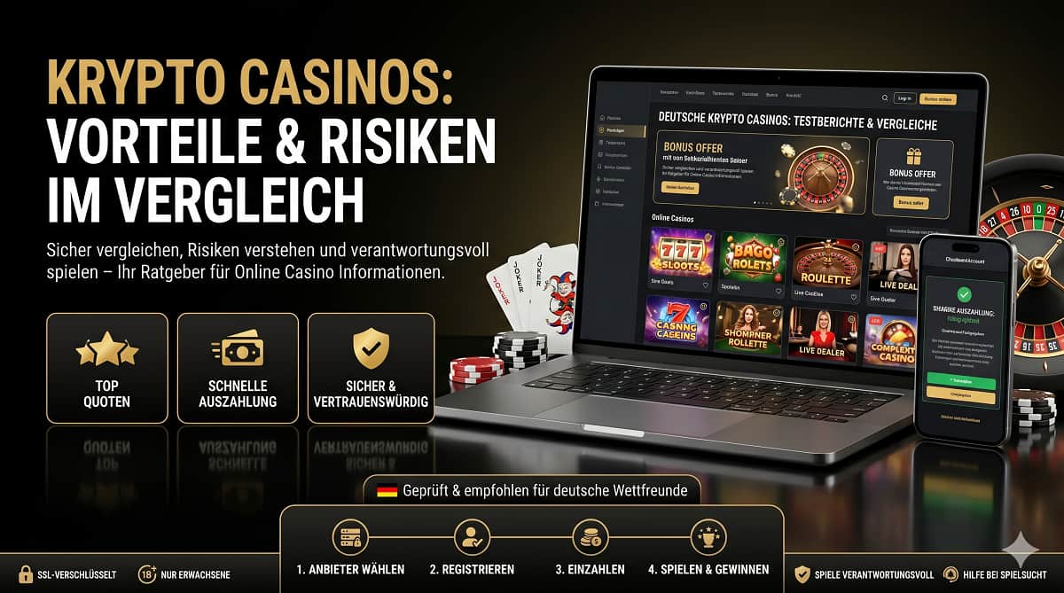 Ein edles, schwarz-goldenes SEO-Hero-Banner mit nützlichen Informationen und Testberichten zum Thema Krypto Casinos.